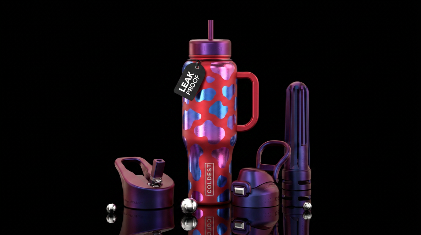 Matte red background with shiny metallic blue, pur... water bottle design