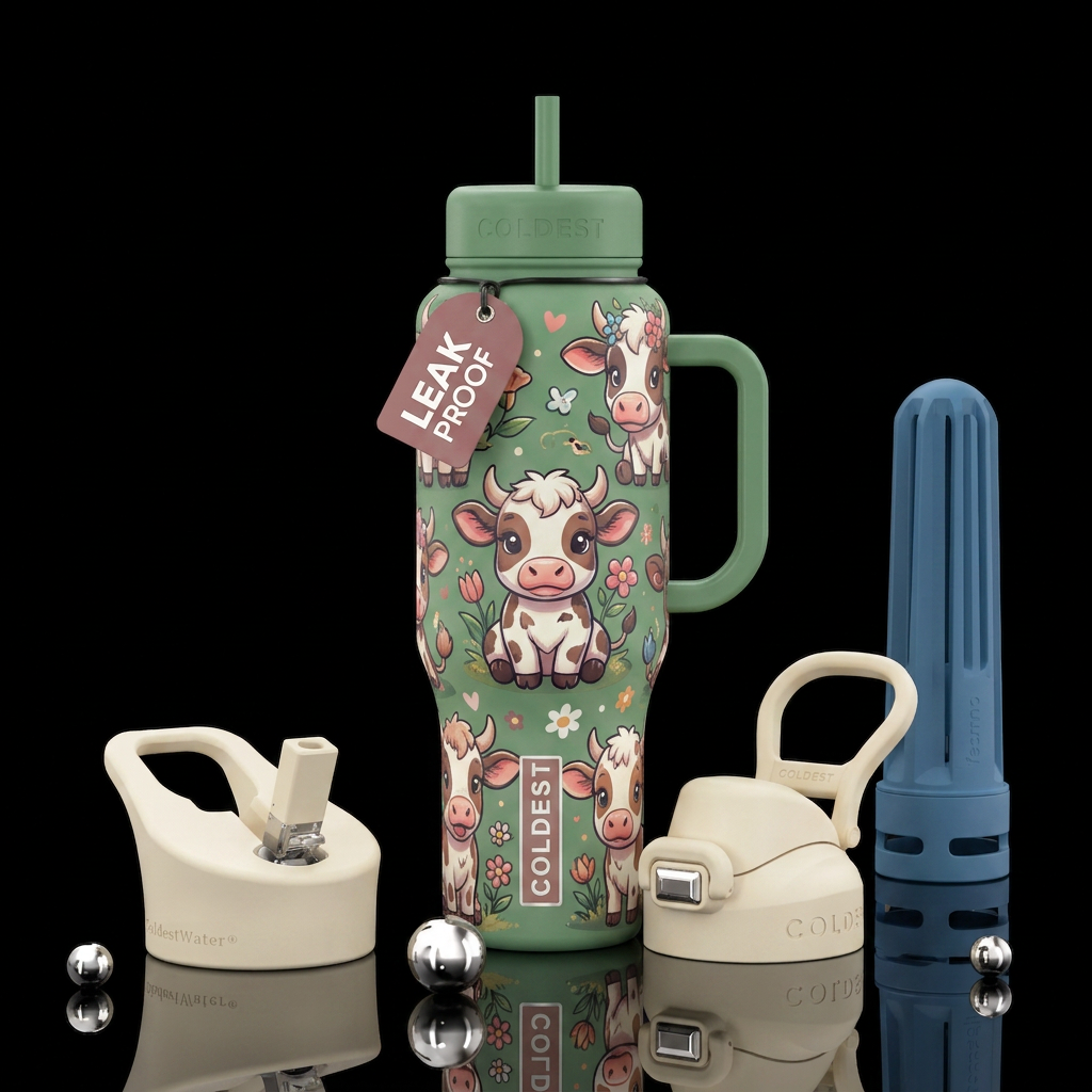 Baby cows, cute, cartoon. beautiul, vibrant, moder... water bottle design