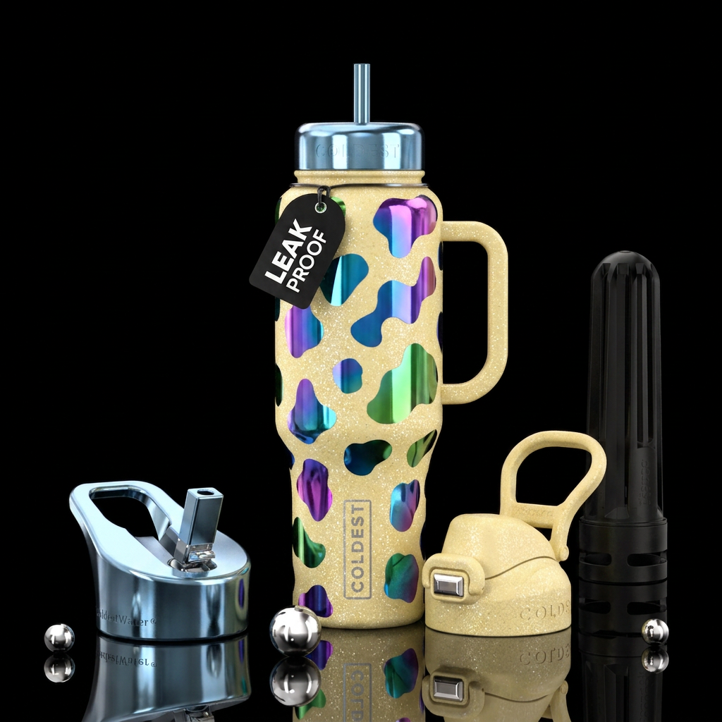 Creamy butter yellow sparkly background with shiny... water bottle design