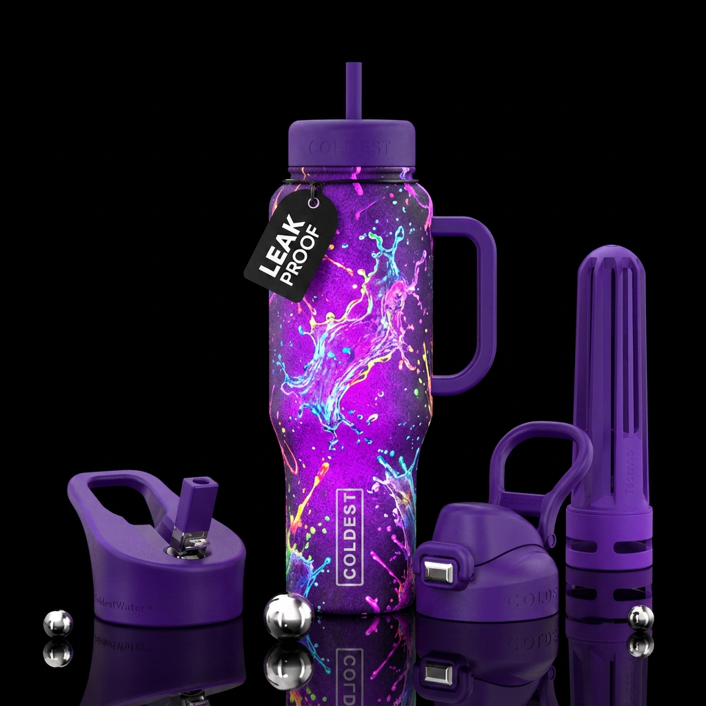 Bright neon purple background with paint splashed ... water bottle design