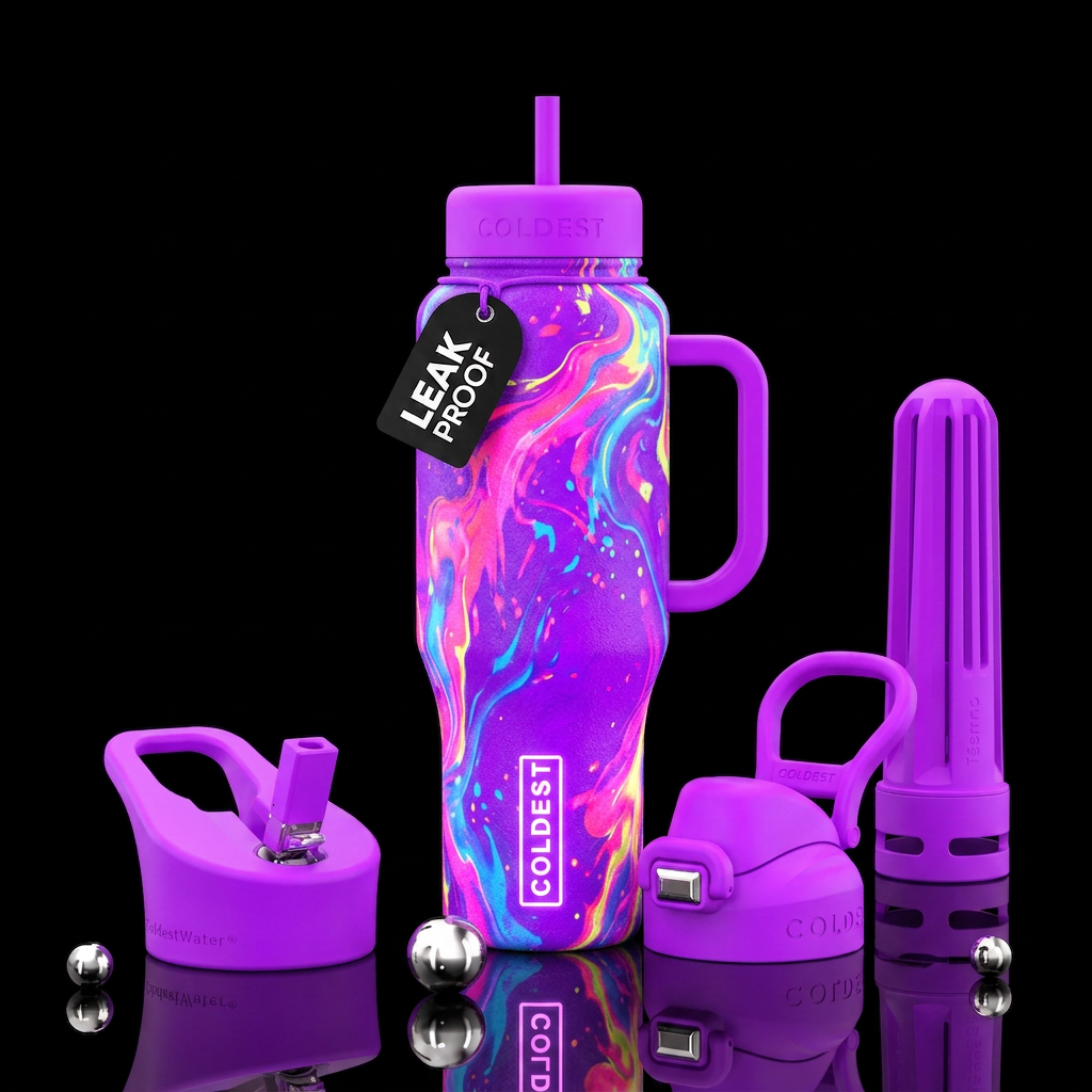 Bright neon purple background with paint splashed ... water bottle design