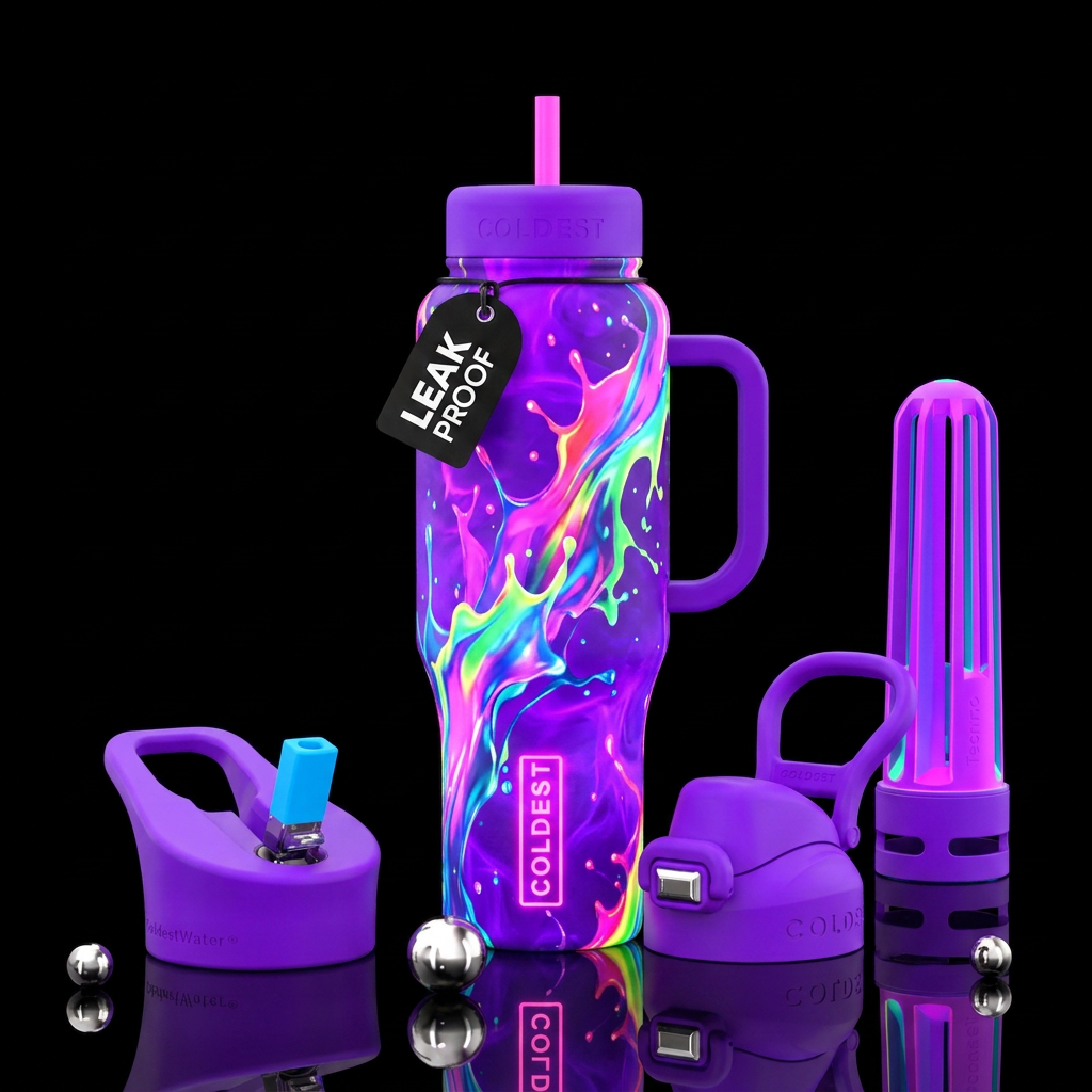 Bright neon purple background with paint splashed ... water bottle design