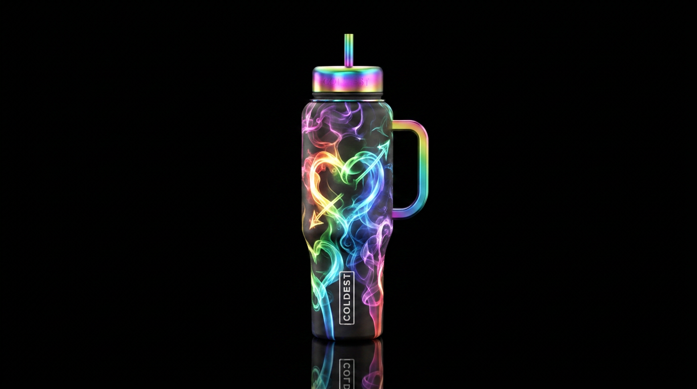 Metallic black background with rainbow colored smo... water bottle design