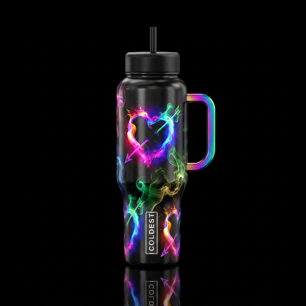 Metallic black background with rainbow colored smo... water bottle design