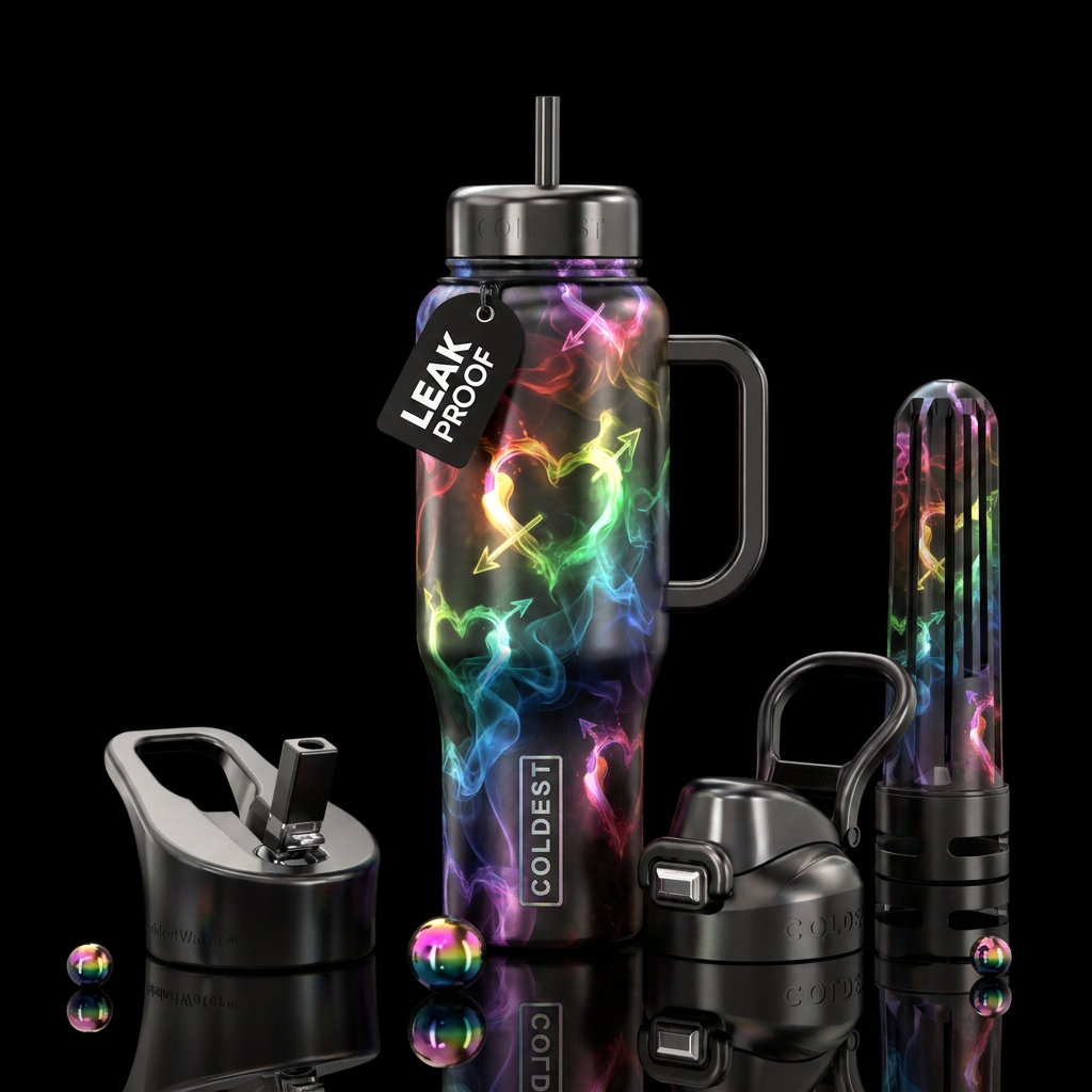Metallic black background with rainbow colored smo... water bottle design