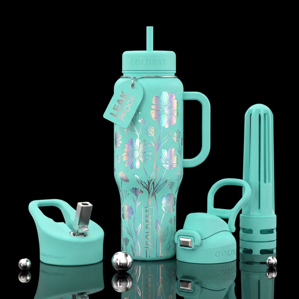 Irridescent etched wildflowers with Aquamarine bac... water bottle design