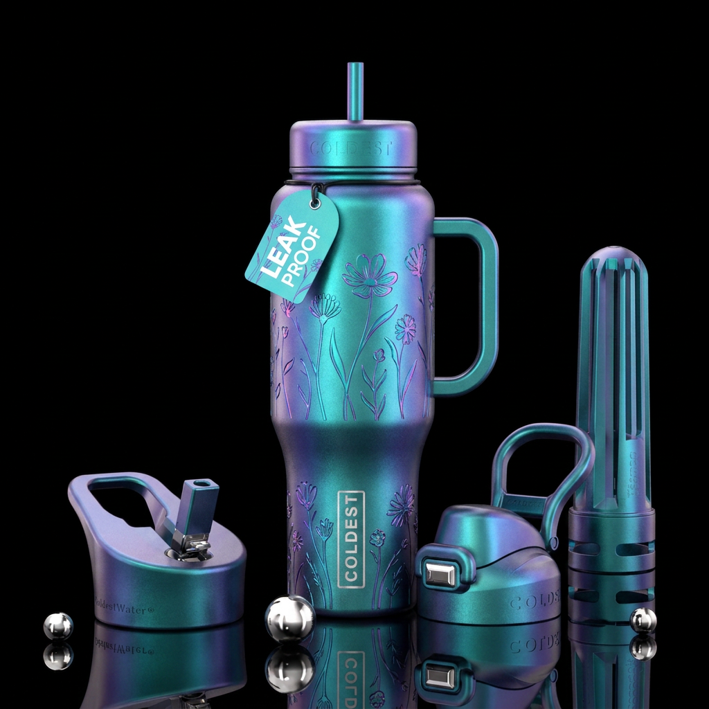 Irridescent, wildflowers with Aquamarine backgroun... water bottle design