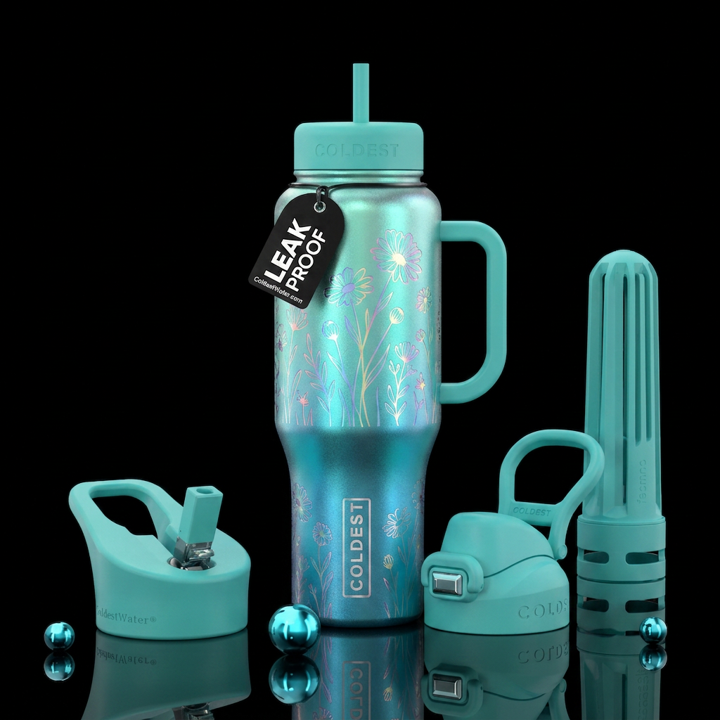 Irridescent etched wildflowers with Aquamarine bac... water bottle design