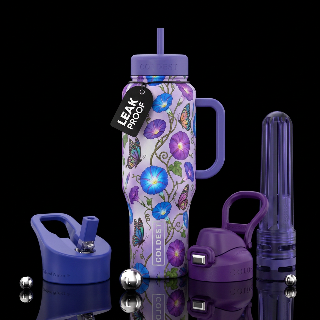 Unique colorful butterflies on spiraled vines with... water bottle design