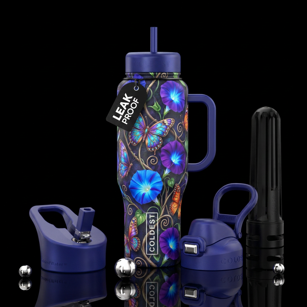 Unique colorful butterflies on spiraled vines with... water bottle design