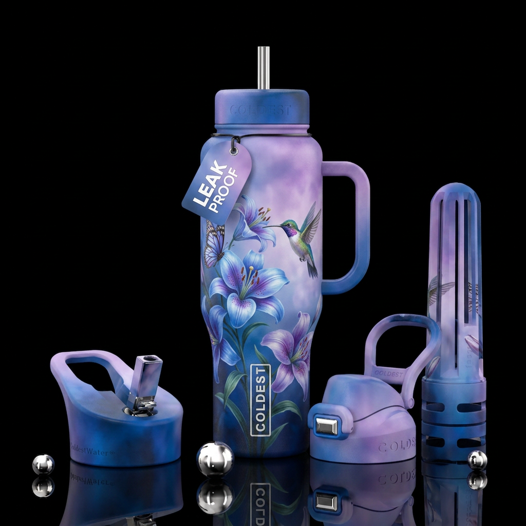 Beautiul blue with pruple colored Lilies with butt... water bottle design