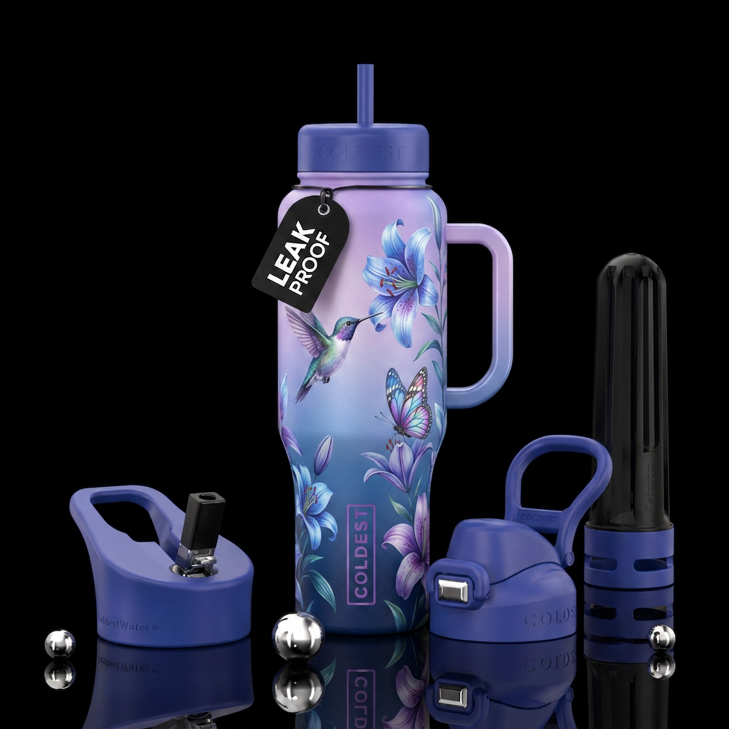 Beautiul blue with pruple colored Lilies with butt... water bottle design