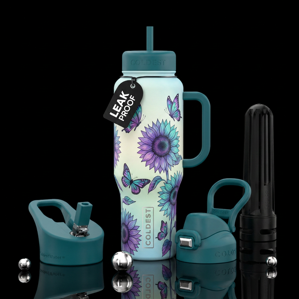 purple and teal sunflowers with butterflies with a... water bottle design