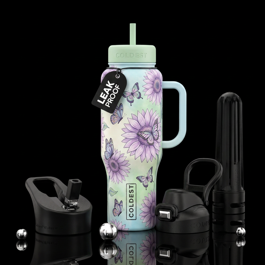 Light purple sunflowers with butterflies with a li... water bottle design