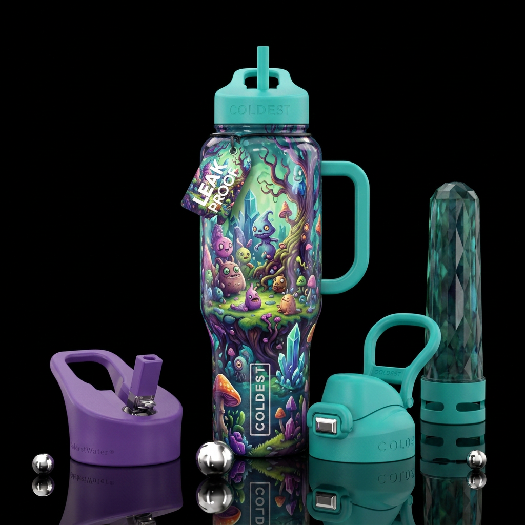 Misfit island, fantasy, vibrant, funny, shiny, art... water bottle design
