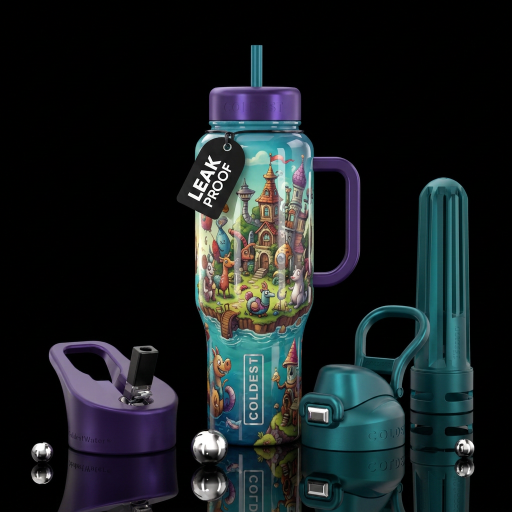 Misfit island, fantasy, vibrant, funny, shiny, art... water bottle design