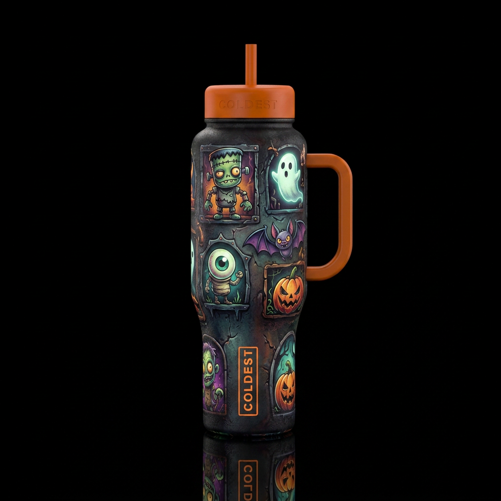 Halloween misfits, vibrant, funny, scary, artistic... water bottle design