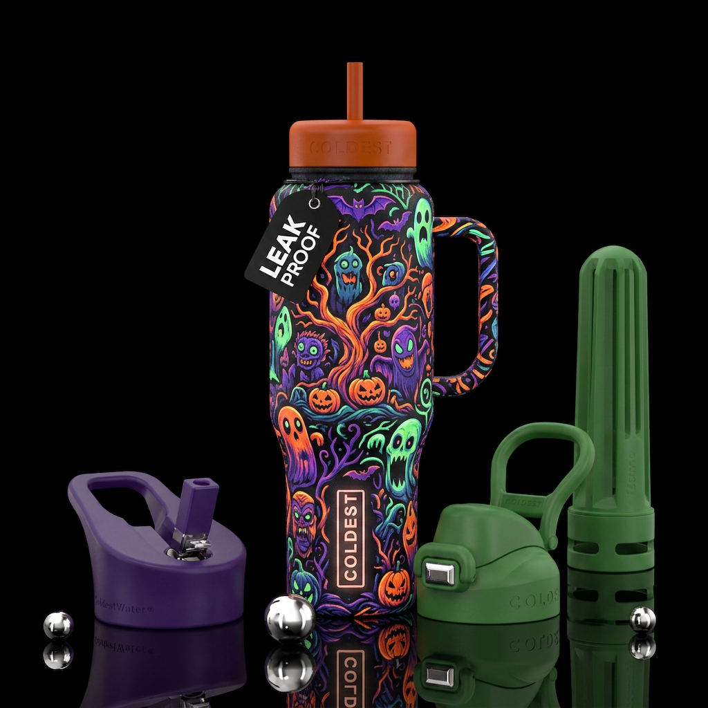 Halloween misfits, vibrant, funny, scary, artistic... water bottle design