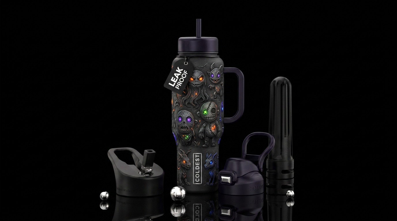 Halloween misfits, vibrant, funny, scary, artistic... water bottle design