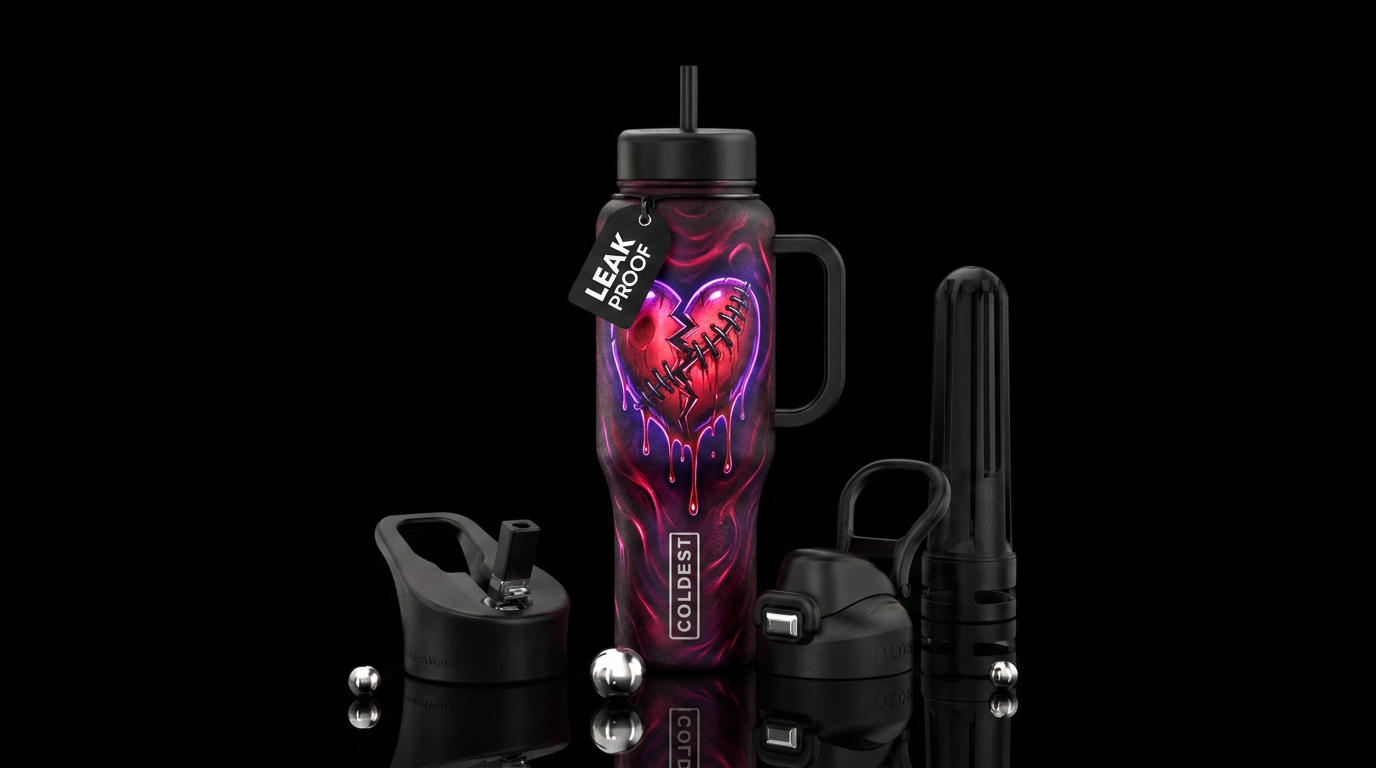 Condemned heart dripping blood with stitches in it... water bottle design