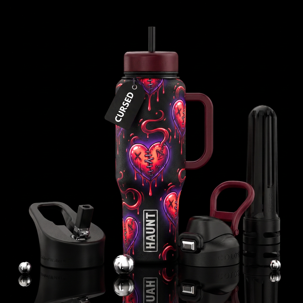 Condemned heart dripping blood with stitches in it... water bottle design