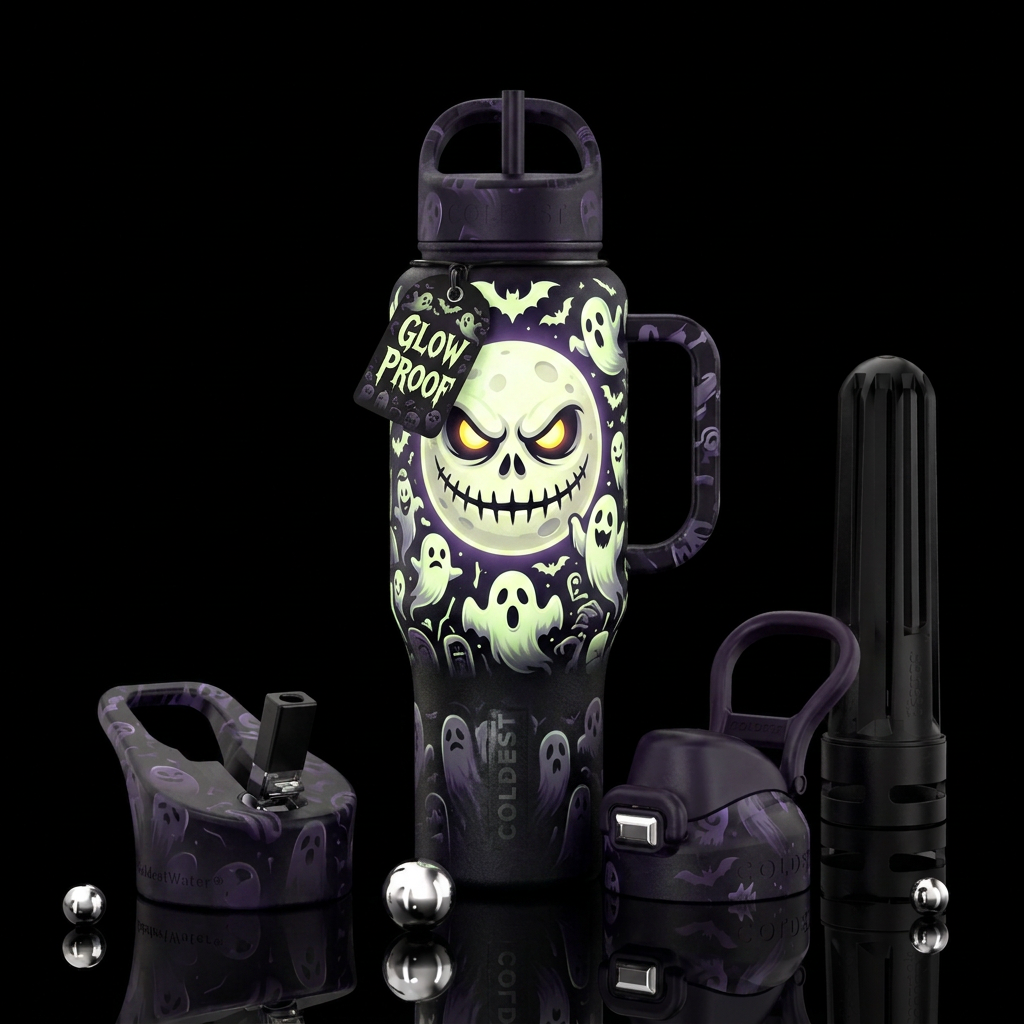 Full moon with scary eyes and evil stitches grinni... water bottle design
