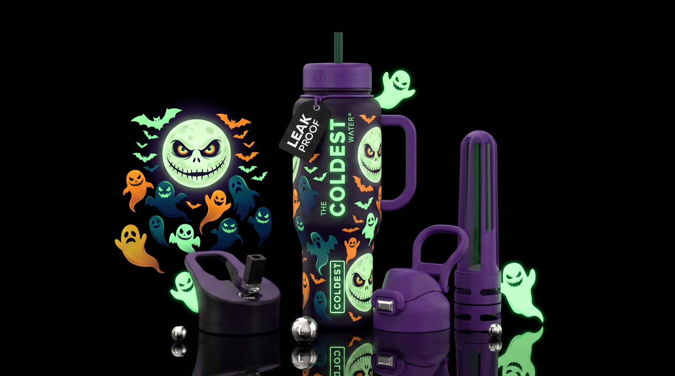 Full moon with scary eyes and evil stitches grinni... water bottle design
