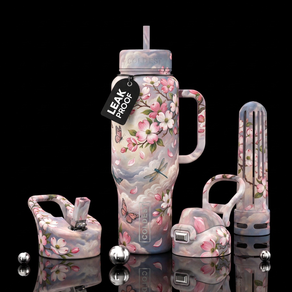 Dogwood in full bloom with flowers and petals flao... water bottle design