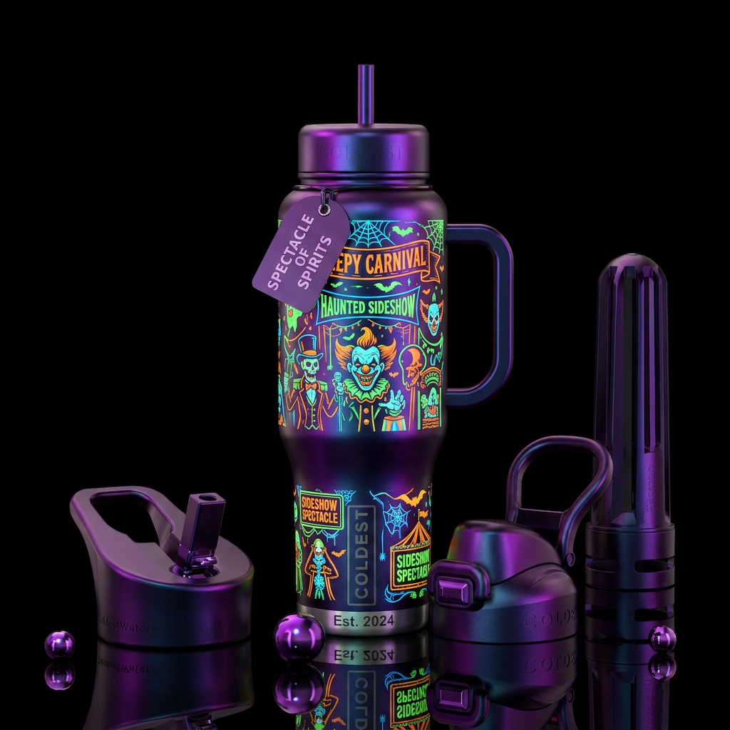 Freak show inspired halloween, scary, funny, vibra... water bottle design