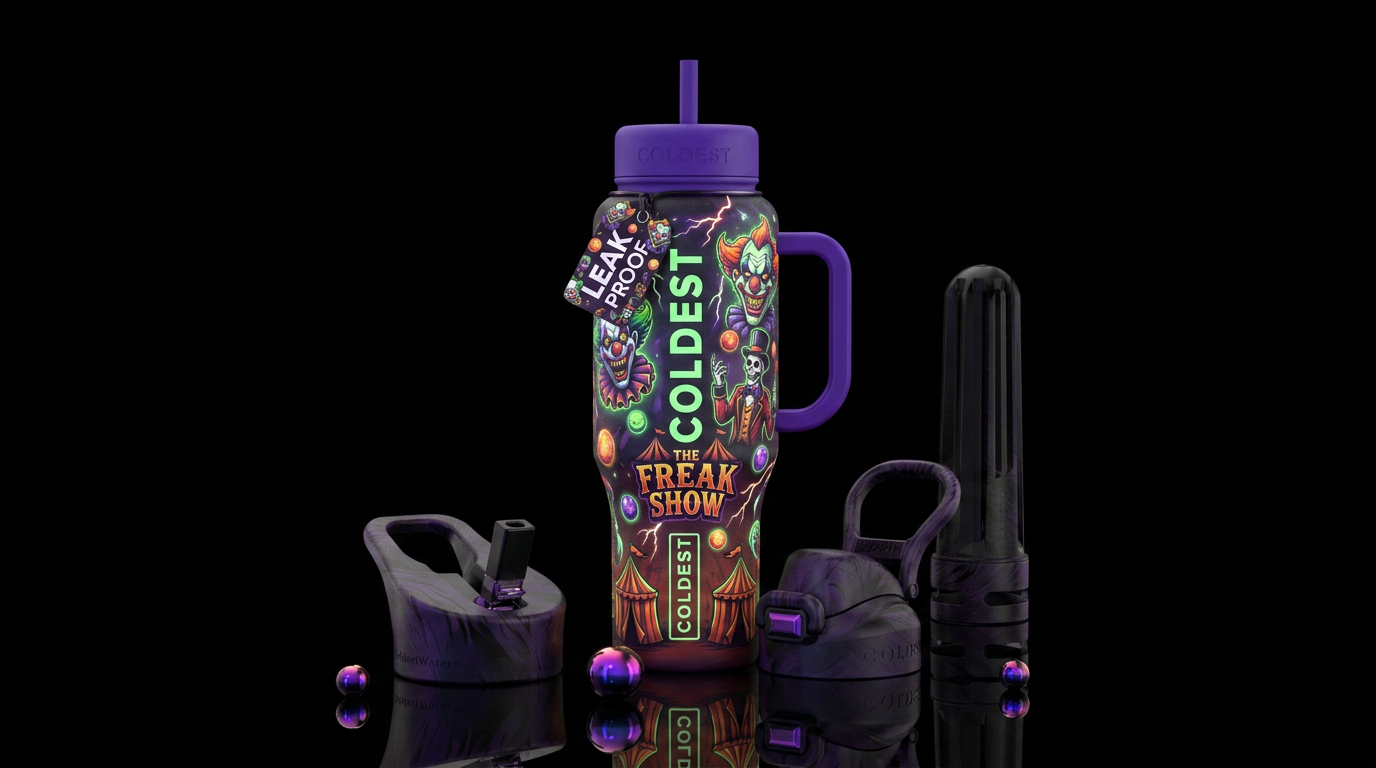 Freak show inspired halloween, scary, funny, vibra... water bottle design