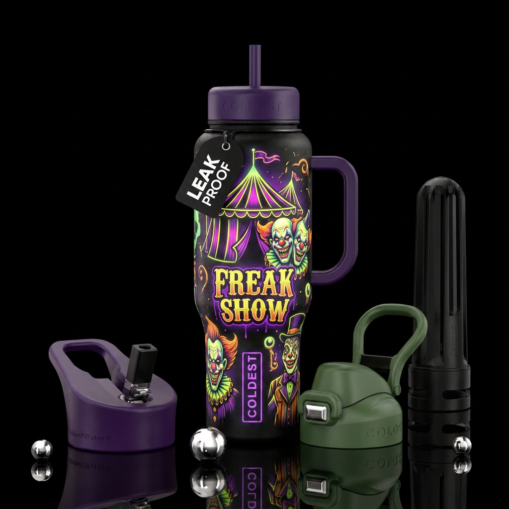 Freak show inspired halloween, scary, funny, vibra... water bottle design
