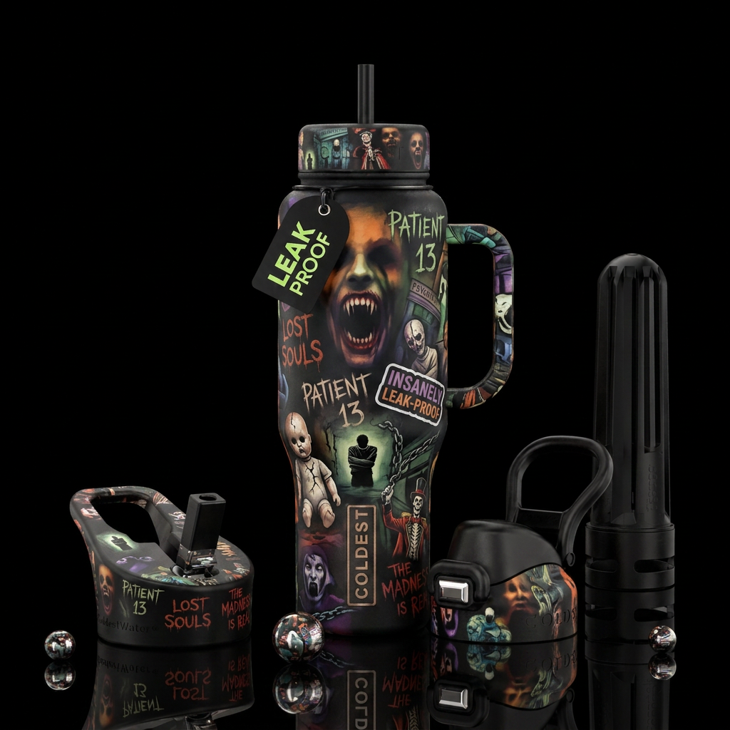 Creepy scary asylum inspired halloween, darkness, ... water bottle design