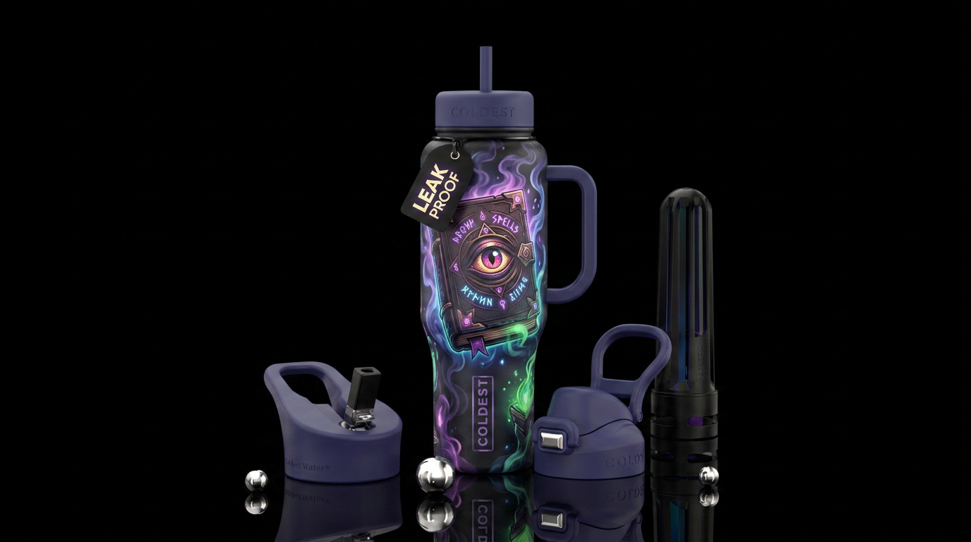 Book of spells with watching eye on cover, darknes... water bottle design