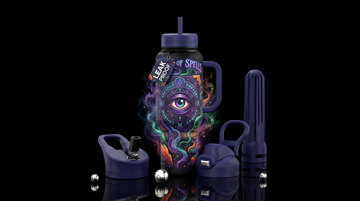 Book of spells with watching eye on cover, darknes... water bottle design