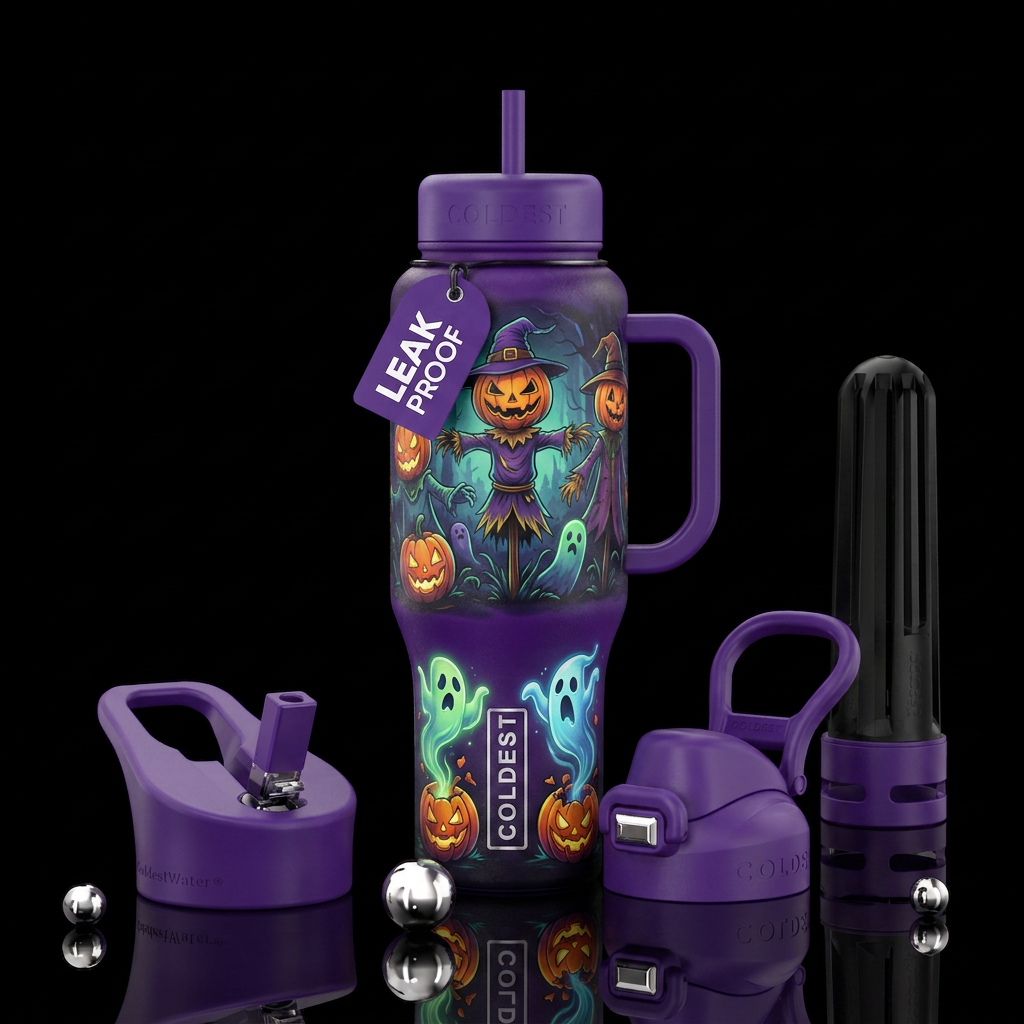 Scarecrows with a pumpkin head and ghosts coming o... water bottle design