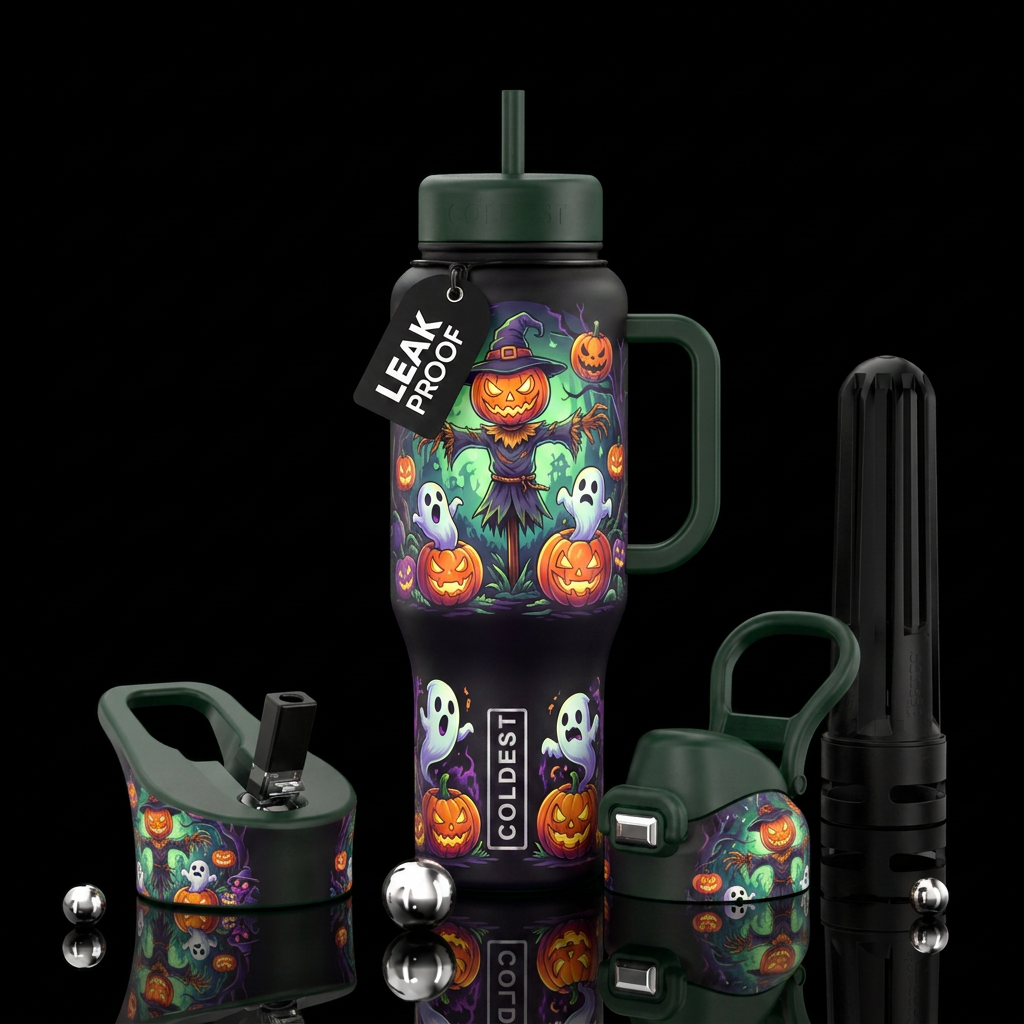 Scarecrows with a pumpkin head and ghosts coming o... water bottle design
