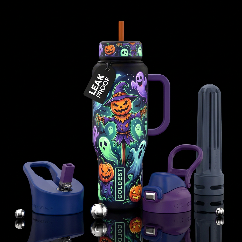 Scarecrows with a pumpkin head and ghosts, funny, ... water bottle design
