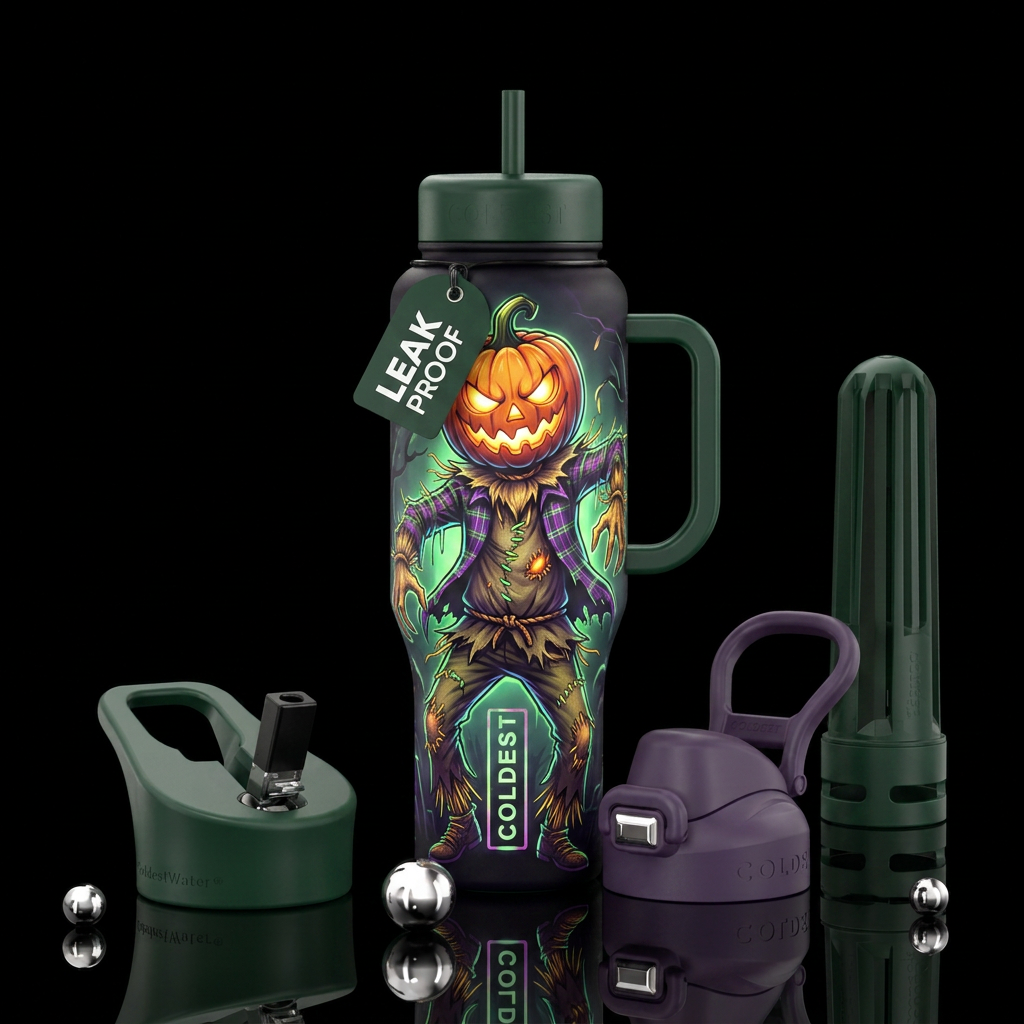Scarecrow with a pumpkin head, funny, scary, vibra... water bottle design