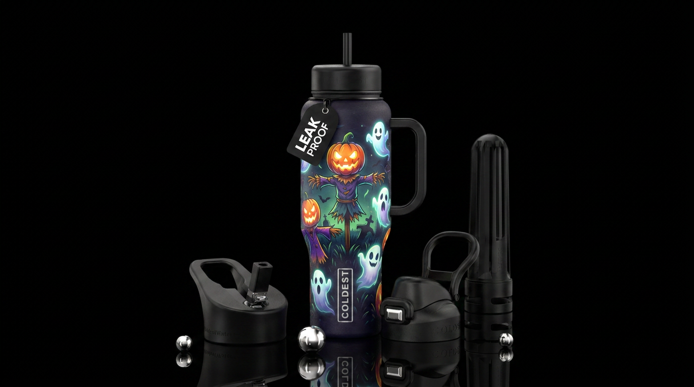 Scarecrows with a pumpkin head and ghosts, funny, ... water bottle design