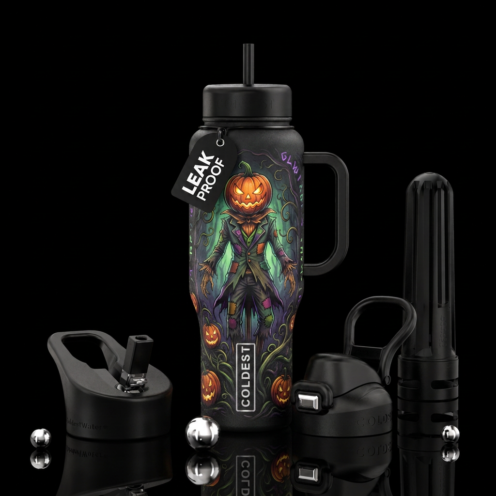 Scarecrow with a pumpkin head, funny, scary, vibra... water bottle design