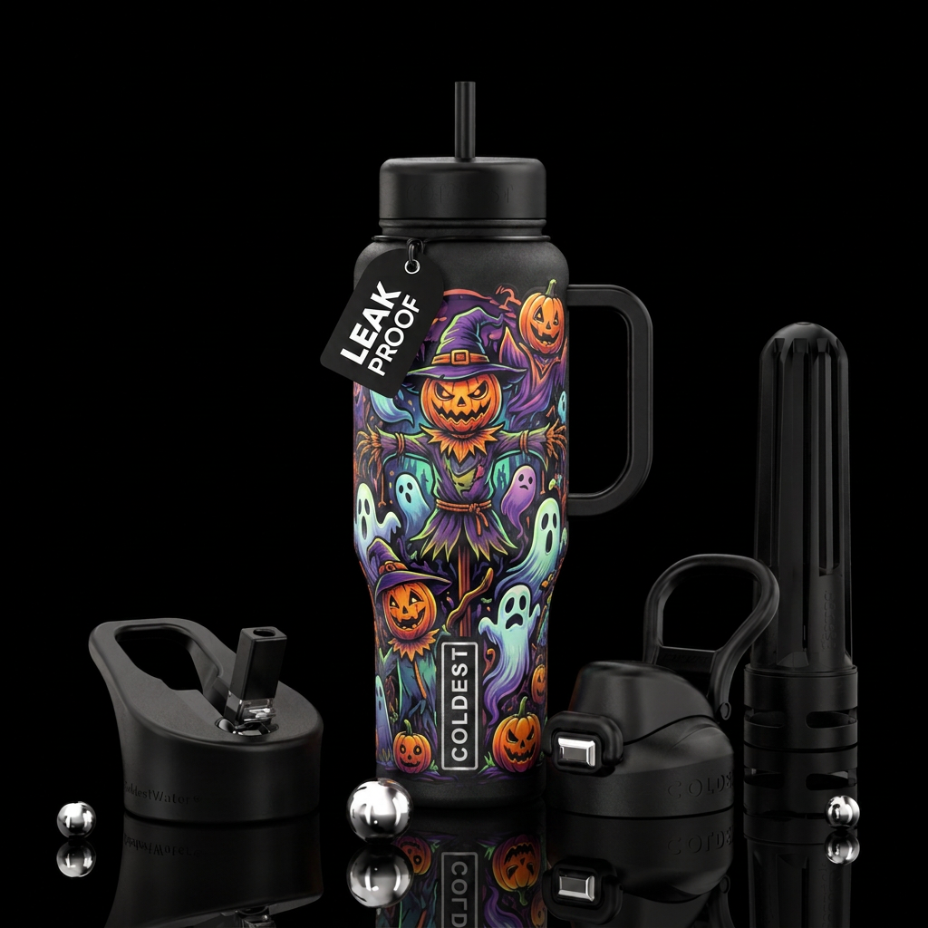 Scarecrows with a pumpkin head and ghosts, funny, ... water bottle design