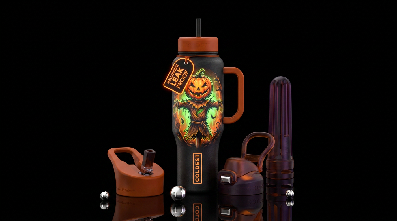 Scarecrow with a pumpkin head, funny, scary, vibra... water bottle design