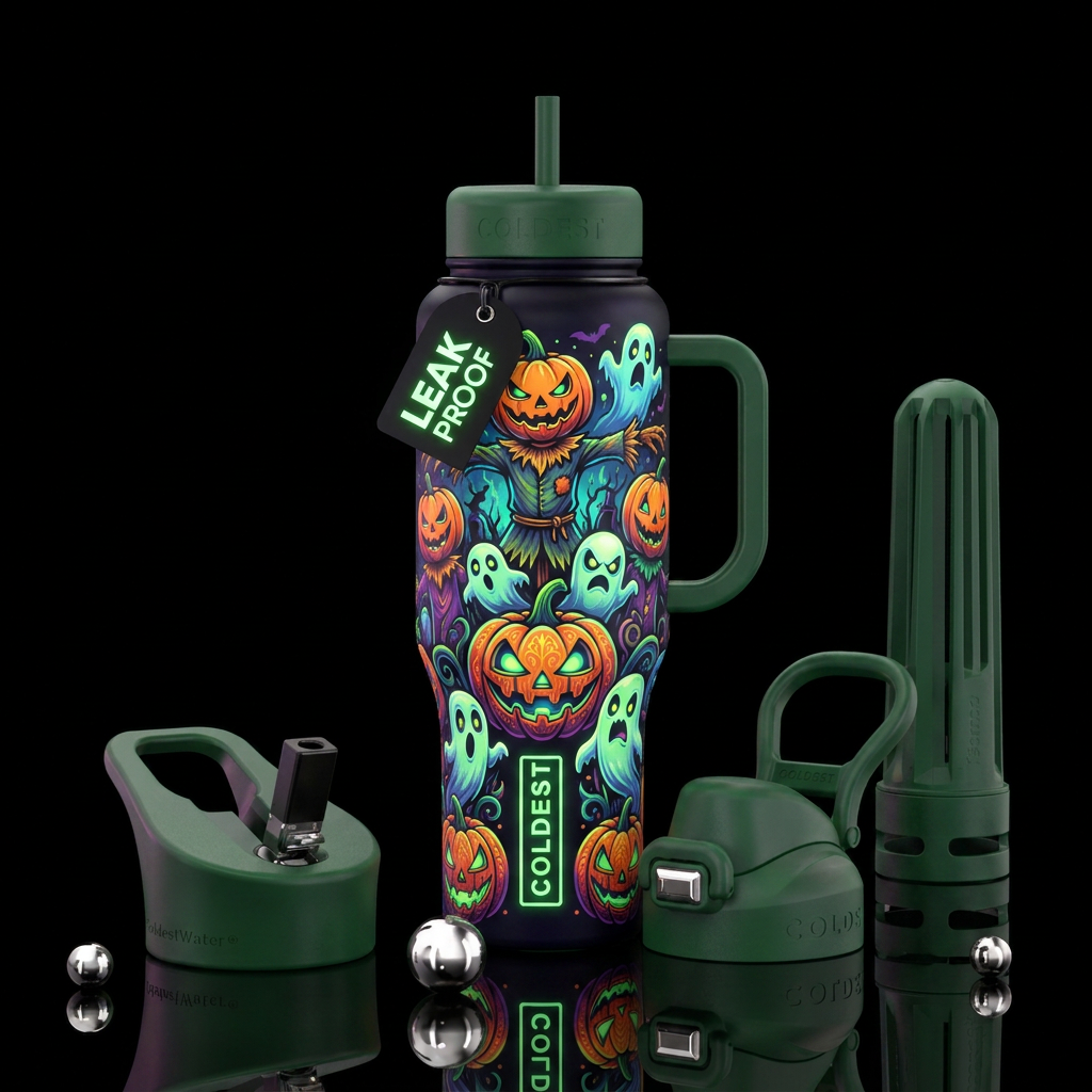 Scarecrows with a pumpkin head and ghosts coming o... water bottle design