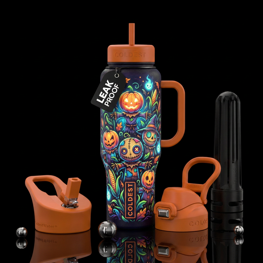 Baby scarecrows some with pumpkin heads cartoon in... water bottle design