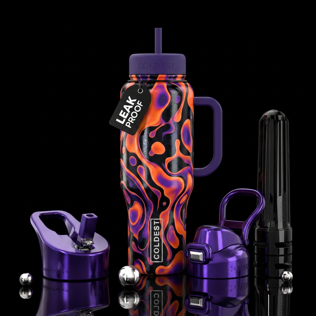 Orange and purple lava lamp inspired blobs with sh... water bottle design