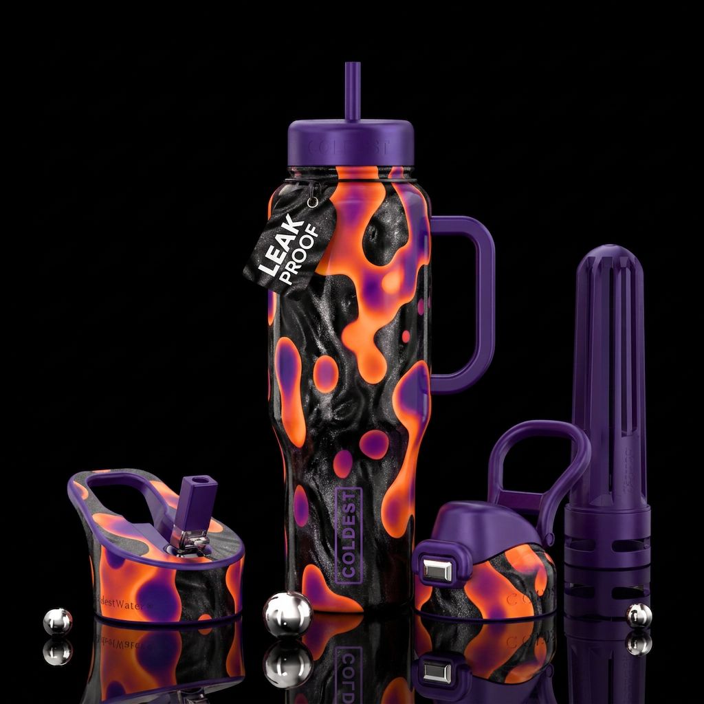 Orange and purple lava lamp inspired blobs with sh... water bottle design