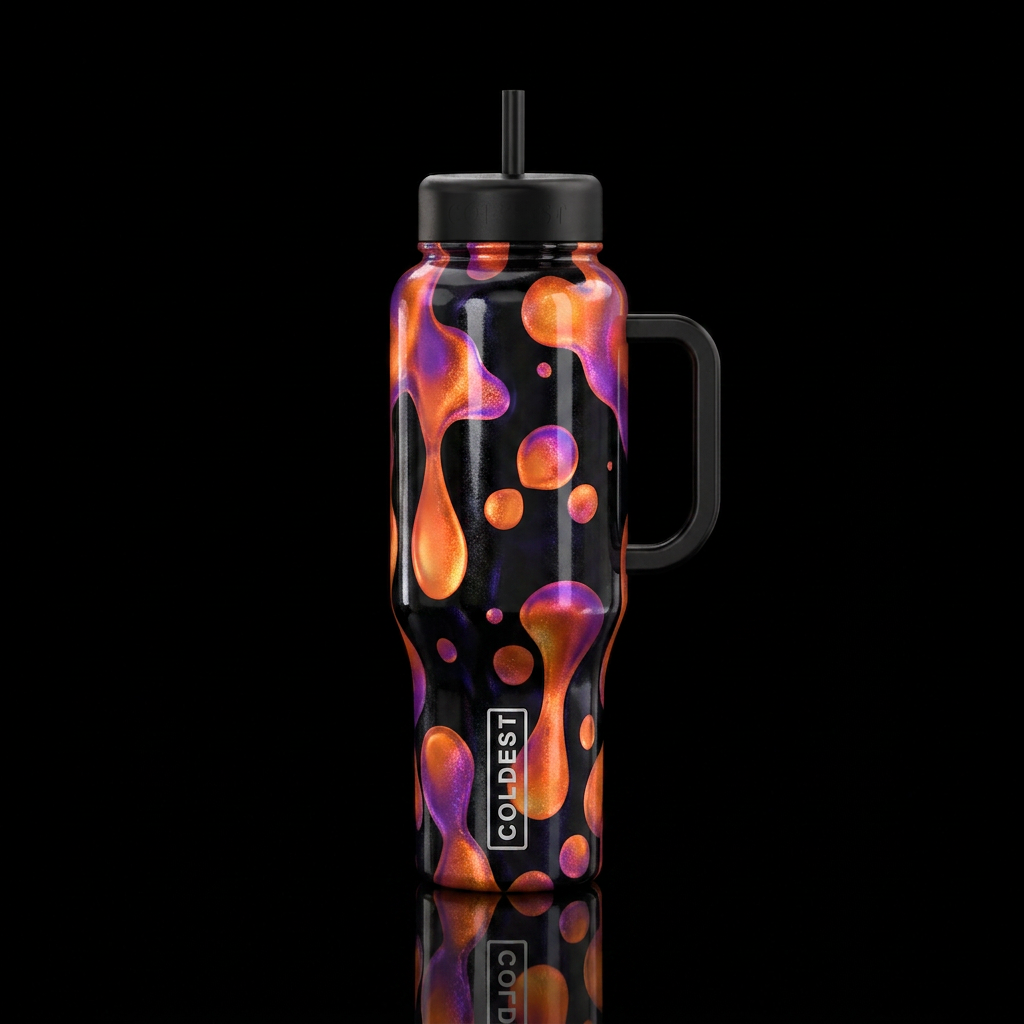 Orange and purple lava lamp inspired blobs with sh... water bottle design