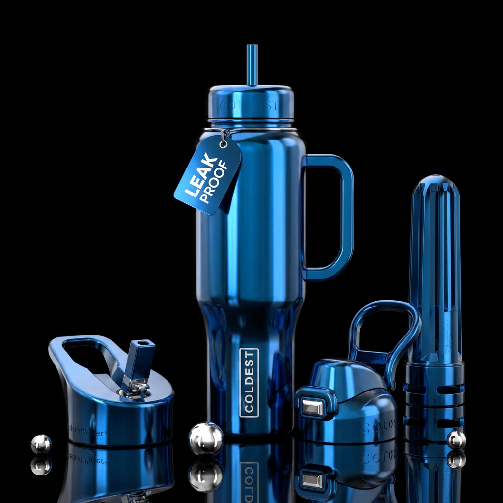 Shiny metallic blue reflections, vibrant, stylisti... water bottle design