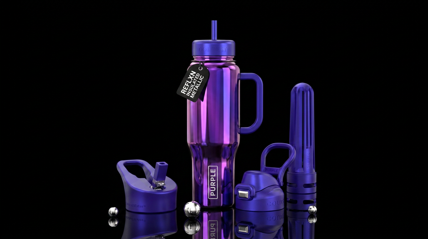 Shiny metallic purple reflections, vibrant, beauti... water bottle design