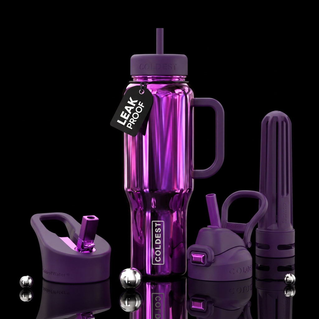 Shiny metallic purple reflections, vibrant, beauti... water bottle design